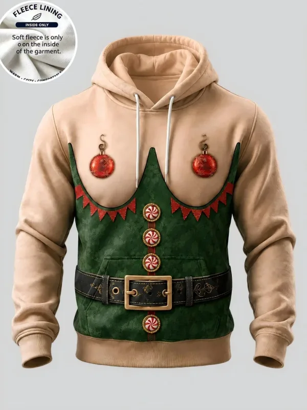 Men Fleece Lined Hoodie Christmas Santa Costume Pattern Print Pullover Hooded Sweatshirt Winter Top