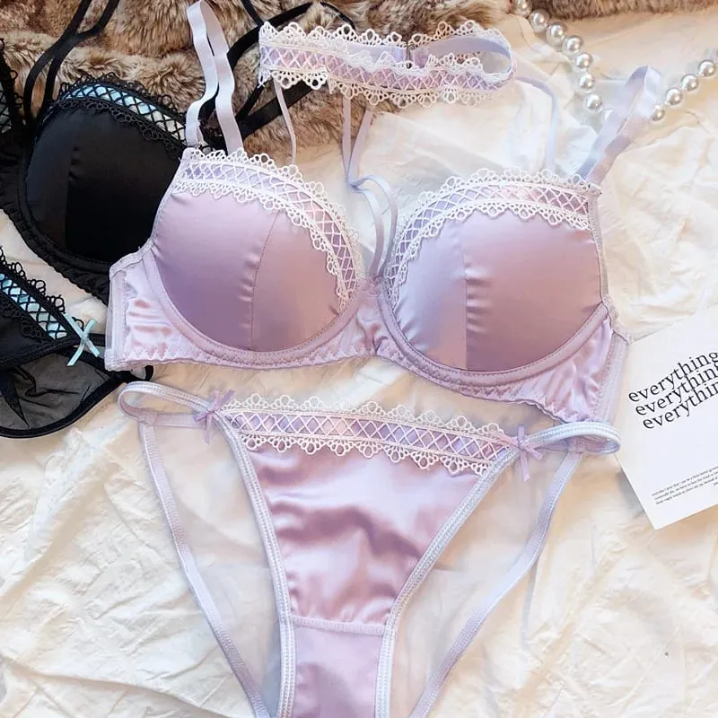 Lolita Fransız Saf Desire Seksi Dantel Saten Spice Kız Sutyen Küçük Göğüs Toplama Halter Içi Boş İç Seti Yumuşak Balenli — image 8