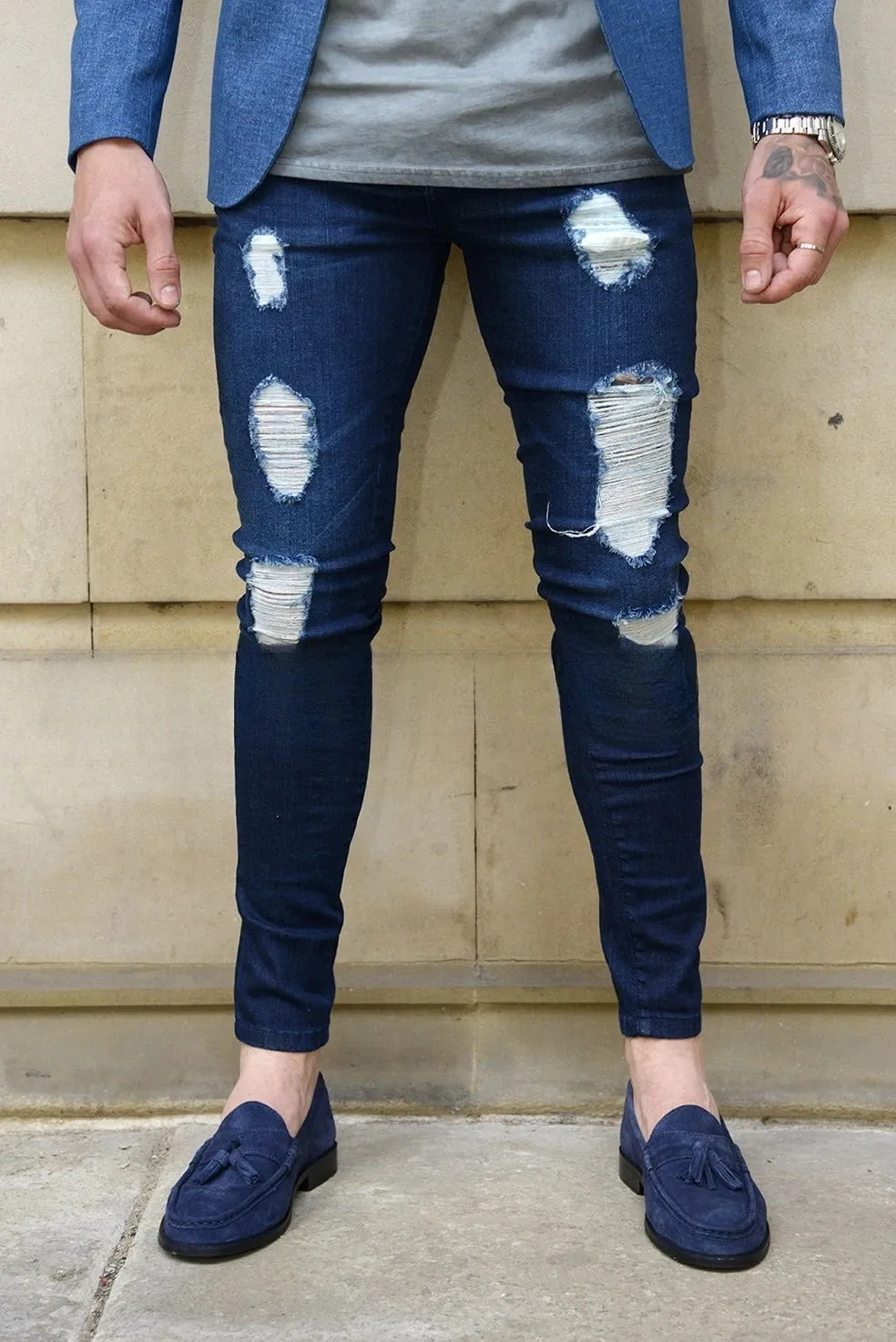 Men High Waist Black Ripped Skinny Jeans Fashion Hole Design Trendy Casual Denim Long Trousers — image 6