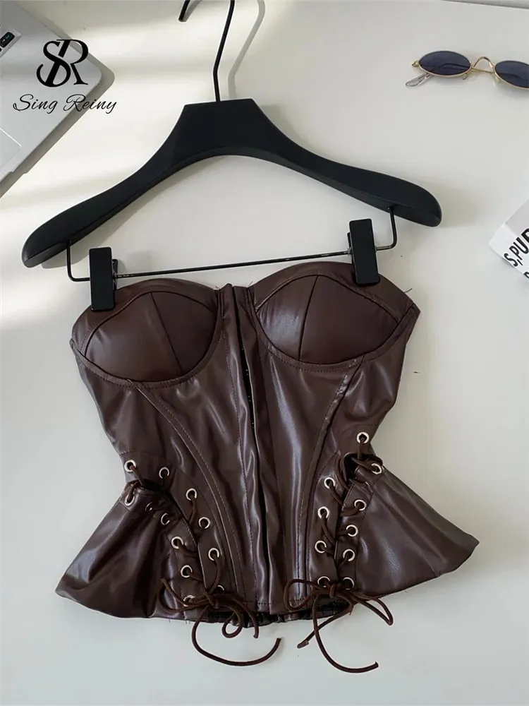 PU Leather Sensual Club Bustier Strapless Slim Lace Up Shirred Backless Camis Female Edgy Streetwear Fashion Tank Tops
