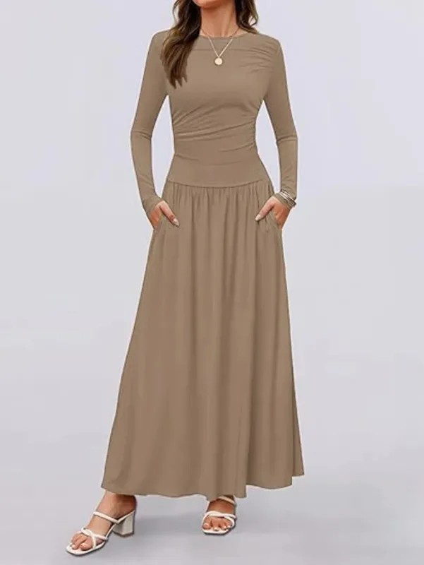 Musim luruh Ketibaan Baru Wanita Lengan Panjang Maxi Dress Selesa Fit Ruched Detail Pelbagai Warna untuk Pakaian Kasual Setiap Hari — image 6