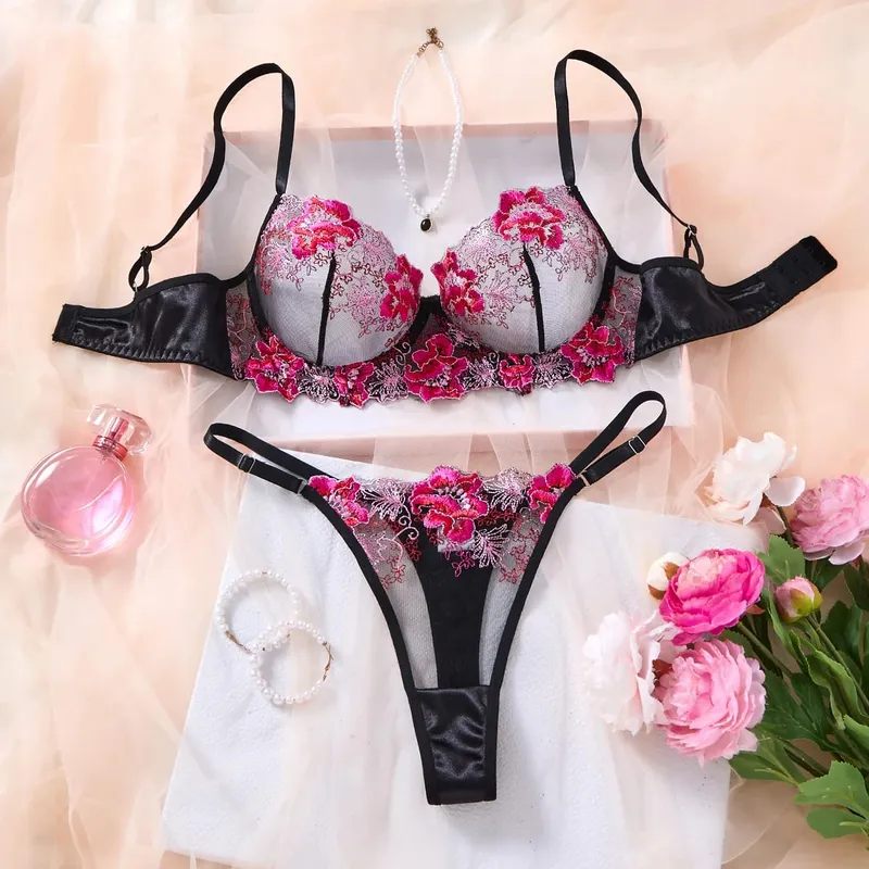 Women Black Floral Embroidery Lace Lingerie Set Push‑Up Bra & Thong Mesh Satin Intimate Underwear Daily Nightwear ZA825146