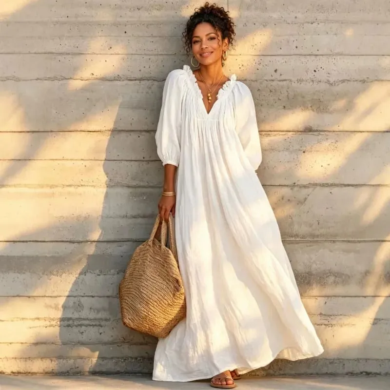 Women Boho Dresses V Neck Lantern Sleeve Maxi Dress Vacation Loose Beach Cover Up Dress Spring Summer Overall Jumpsuit Playsuit — image 2