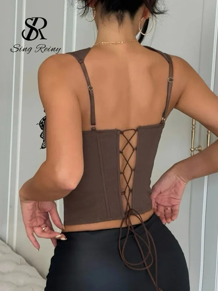 Hot Girl Embroidery Backless Camisole Female Strap Sleeveless Floral Design Crop Top Solid Chic Underwire Corset Top — image 6