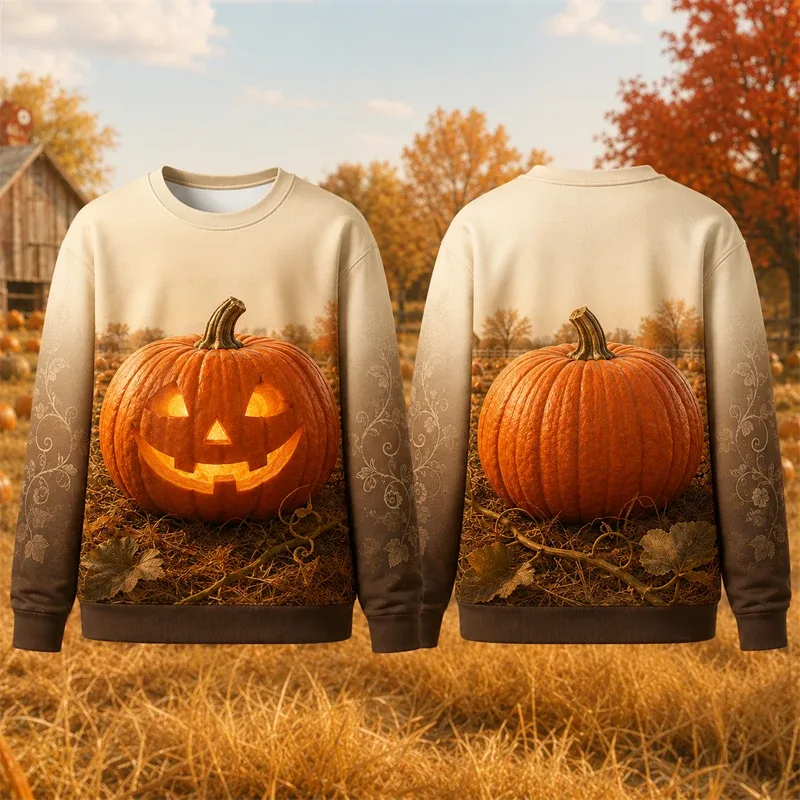 Autumn Winter Halloween Men Sweatshirt 3d Print Vintage Farm Pumpkin Lantern Pullover Sweatshirt Thanksgiving Party Unisex Top