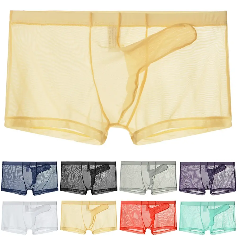 Sexy men malha transparente leve roupa interior ver através respirável boxer briefs calcinha separação bala masculino boxer calcinha — image 3