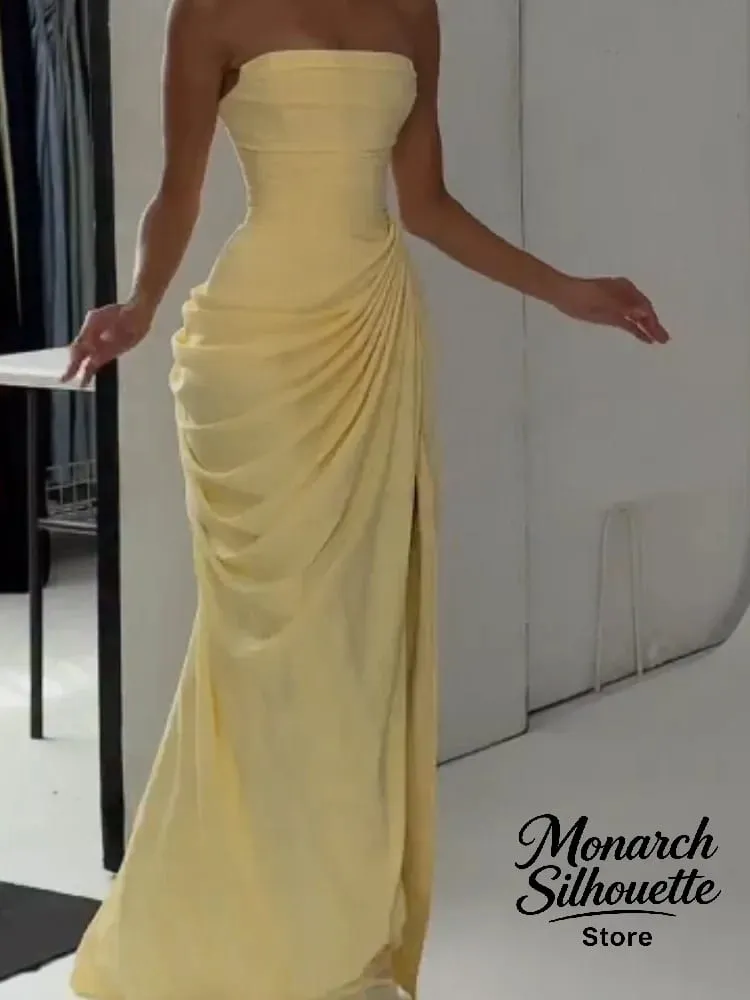 Elegant สีเหลือง Strapless จีบยาวชุดผู้หญิงเก๋แขนกุดเอว Cinching แยกชุด 2026 Lady Evening Party Robes — image 5