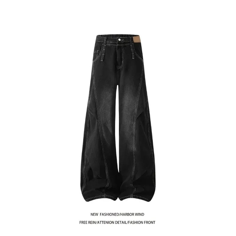 Men 2026 American Style Wide Leg Scimitar Jeans Contrast Stitch Spliced Pleated Design Loose Casual Long Denim Pants For Male