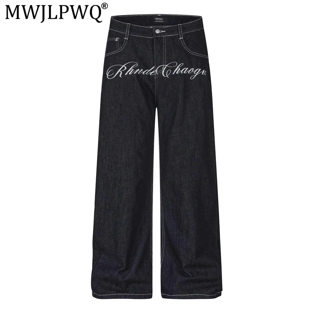 Men's Jeans High Street Trendy Vibe Workwear Letter Floral Embroidery Unique Loose Wide-Leg Trousers 2026 Autumn 17559 — image 2