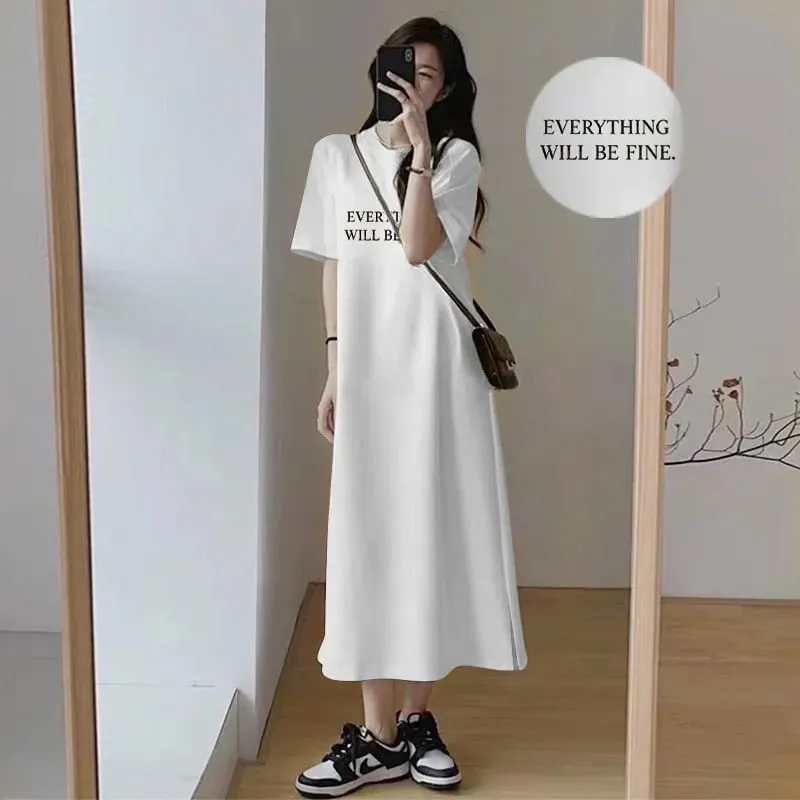 Korean Loose T‑Shirt Maxi Dress Women Letter Printed Round Neck Short Sleeve Side Split Casual Summer Dress — image 5