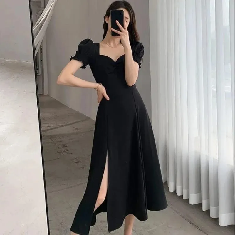 Pakaian Celah Elegan Lengan Pendek Puff Pepejal Fesyen Baru Pakaian Penuh Leher V Wanita Pinggang Tinggi Slim Pesta Malam Vestidos — image 2