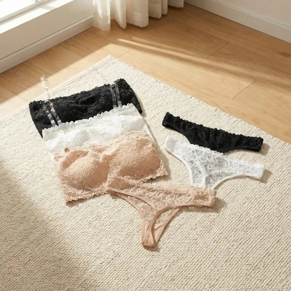 Lace Sheer Flower Thong Bra Set Invisible Straps Embroidery Floral Panties Bra Kit Lingerie Hollow Underwear for Women Ladies — image 5