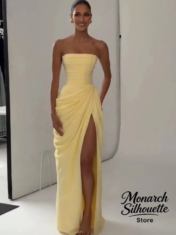 Elegant สีเหลือง Strapless จีบยาวชุดผู้หญิงเก๋แขนกุดเอว Cinching แยกชุด 2026 Lady Evening Party Robes — image 4