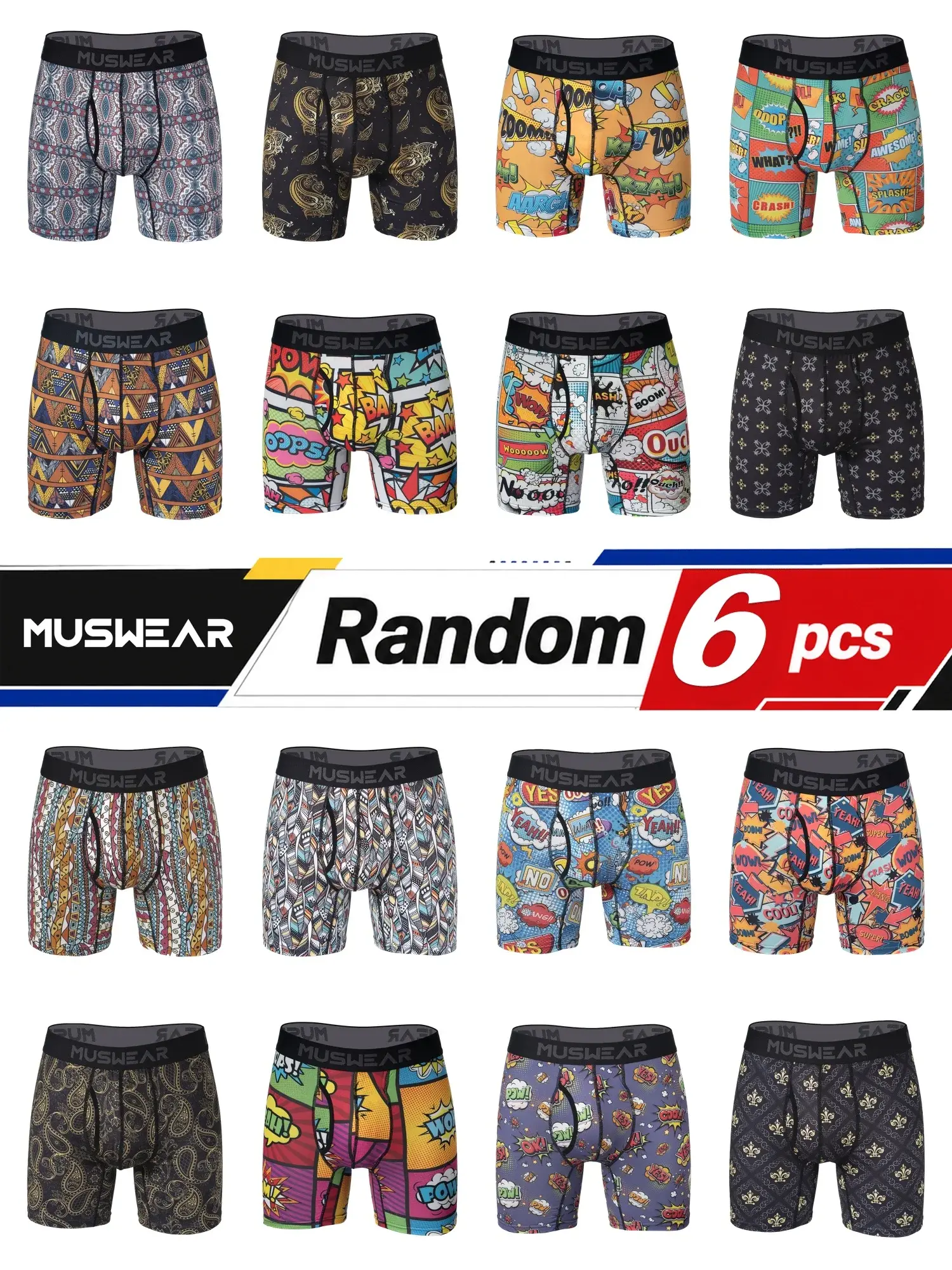 6pcs Men's Boxer Briefs Side Opening Double-Sided Brushed High Elasticity Quick-Drying All-over Print Underwear