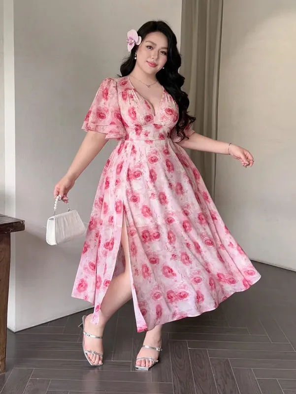 Plus-Size Spring/Summer Romantic Print Fitted Ruffled-Sleeve Slit Maxi Dress—Sweet Everyday Style Perfect for Dates