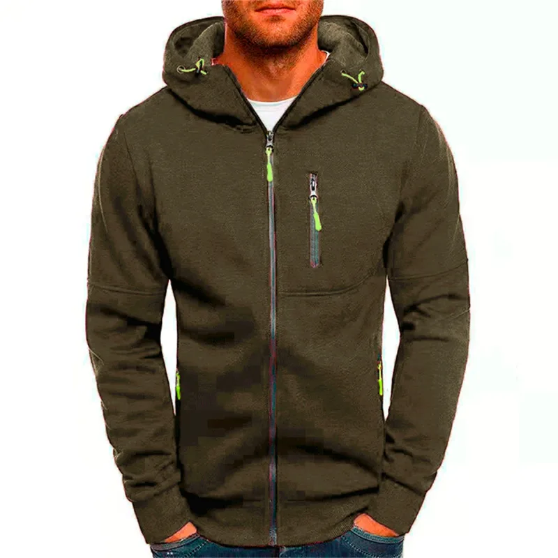 Men's Grey Hooded Sweatshirt Full Zipper Casual Sportswear with Pockets Orange Drawstring plus Size Available
