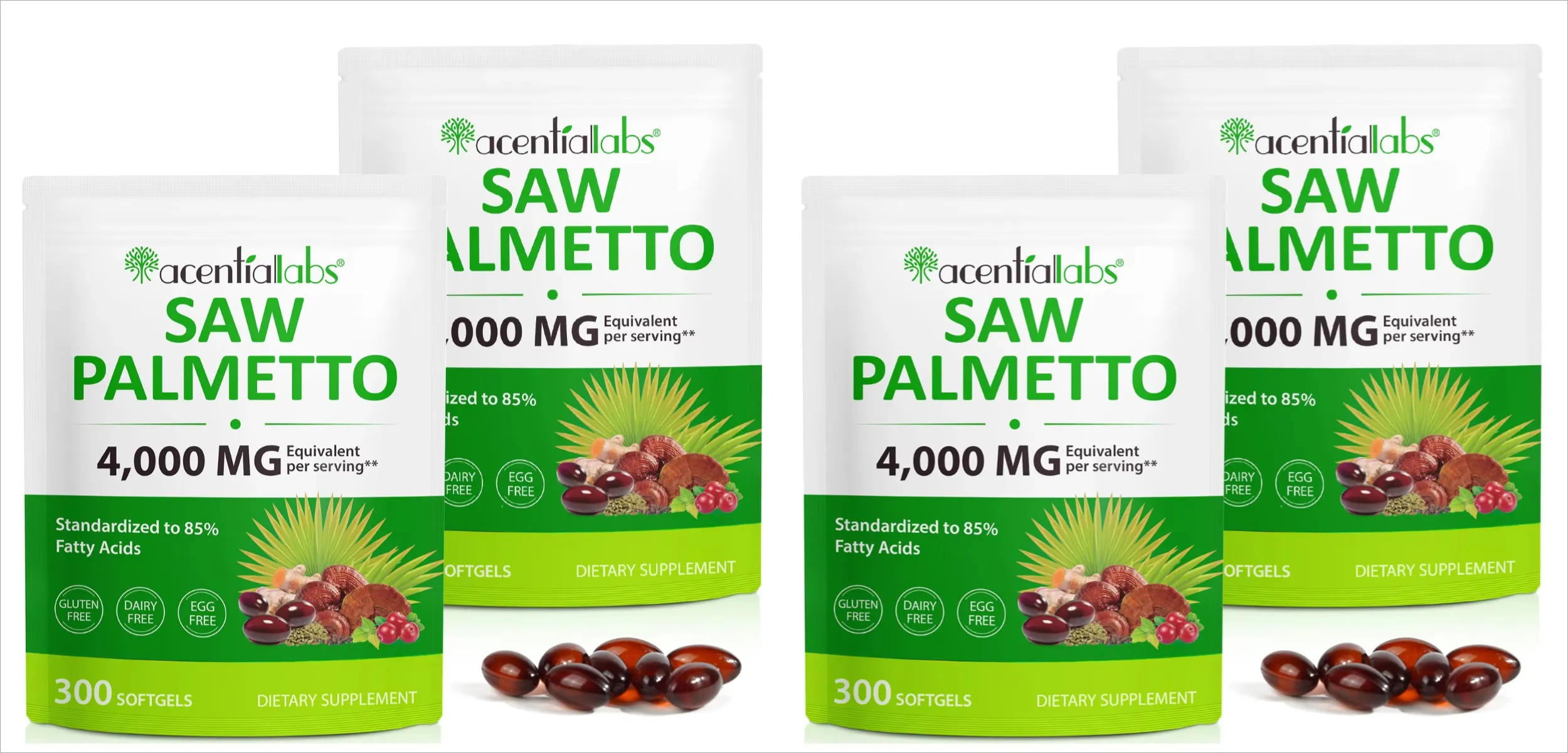 Acentalabs Saw Palmetto Softgels 4000mg 85% Free Fatty Acids 300 Count Prostate Hair Health Supplement for Men Dailyl Intake
