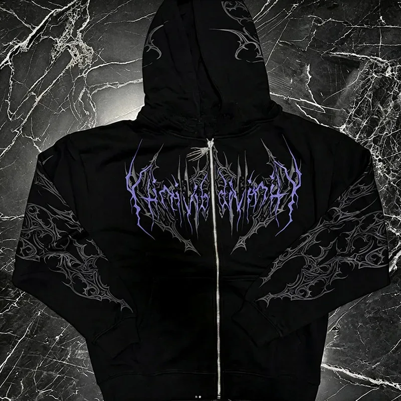 Men Alt Gothic Zip Up Hoodie Y2k High Street American Style Dark Thorn Print Fleece Lined Loose Biker Fall Winter Sweatshirt — image 8