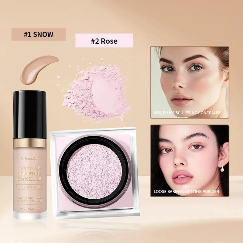 2ks sada na make-up na obličej s korektorem a sypkým pudrem na obličej s hladkým matným povrchem pro ženy, korejský make-up — image 13