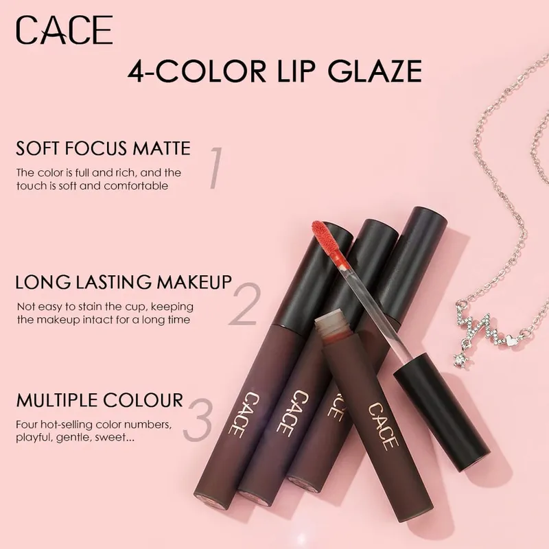 4 Uds. Juegos de maquillaje de lápiz labial líquido tinte rojo mate brillo de labios de larga duración resistente al agua cosméticos con collar de regalo — image 5