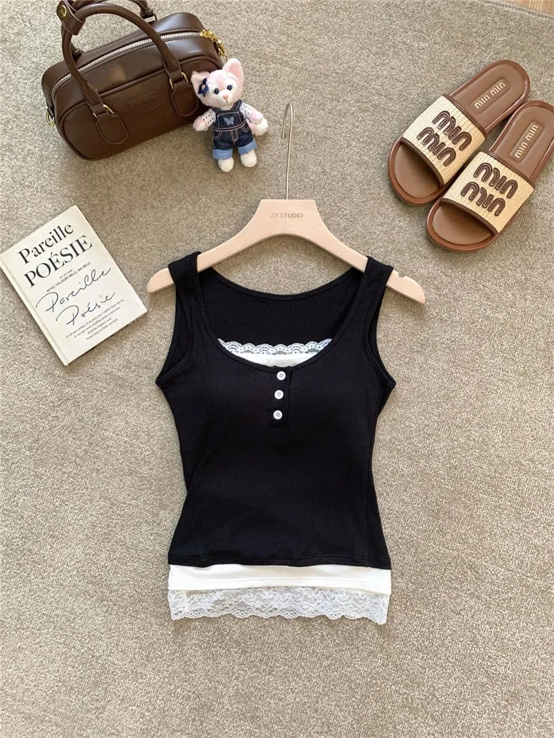 Women Fake Two Piece Lace Trim Tank Tops With Built-in Bra Pads Ribbed Viscose Sleeveless Camisole Slim Fit Crop Vest A6493 — image 3