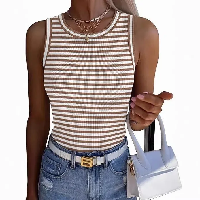 Women Striped Ribbed Tank Top 2026 Summer Casual Sleeveless Round Neck Slim Fit Vest Female Daily Streetwear Basic Undershirt — image 2