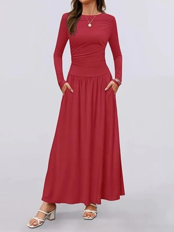 Musim luruh Ketibaan Baru Wanita Lengan Panjang Maxi Dress Selesa Fit Ruched Detail Pelbagai Warna untuk Pakaian Kasual Setiap Hari — image 5
