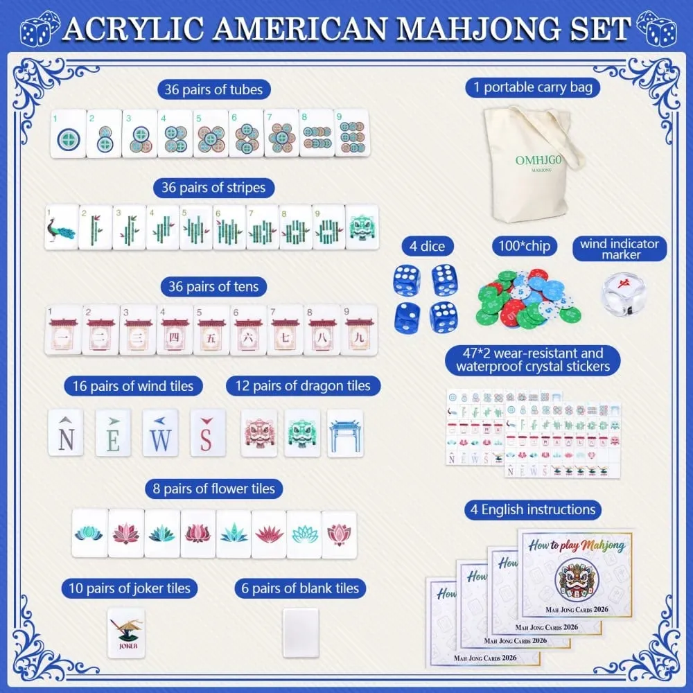 US Stock Sky Blue Engraved Mahjong Tiles Luxury Acrylic American Mahjong Set Travel Mah Jongg Sets for Adults Board Games Gifts