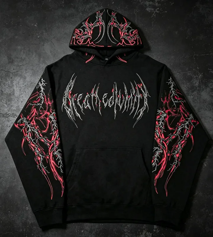 Men Alt Gothic Pullover Hoodie Y2k High Street American Style Dark Thorn Print Fleece Lined Loose Biker Fall Winter Sweatshirt — image 17