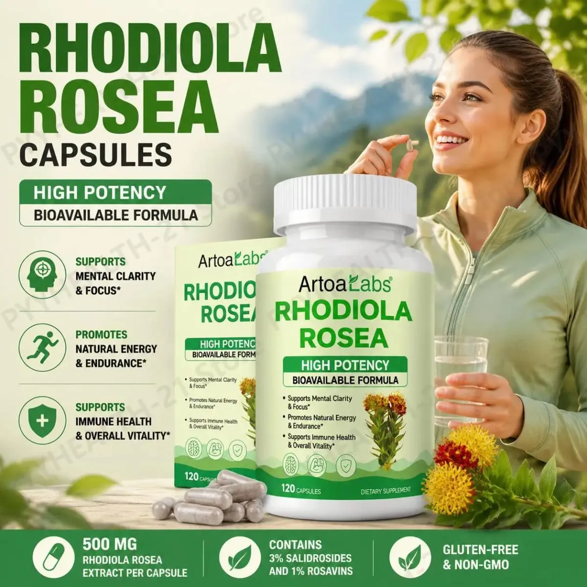 ArtoaLabs Rhodiola Rosea 500mg Capsules High Potency Supports Mental Clarity Focus Natural Energy Endurance 120 Vegan Capsules — image 1