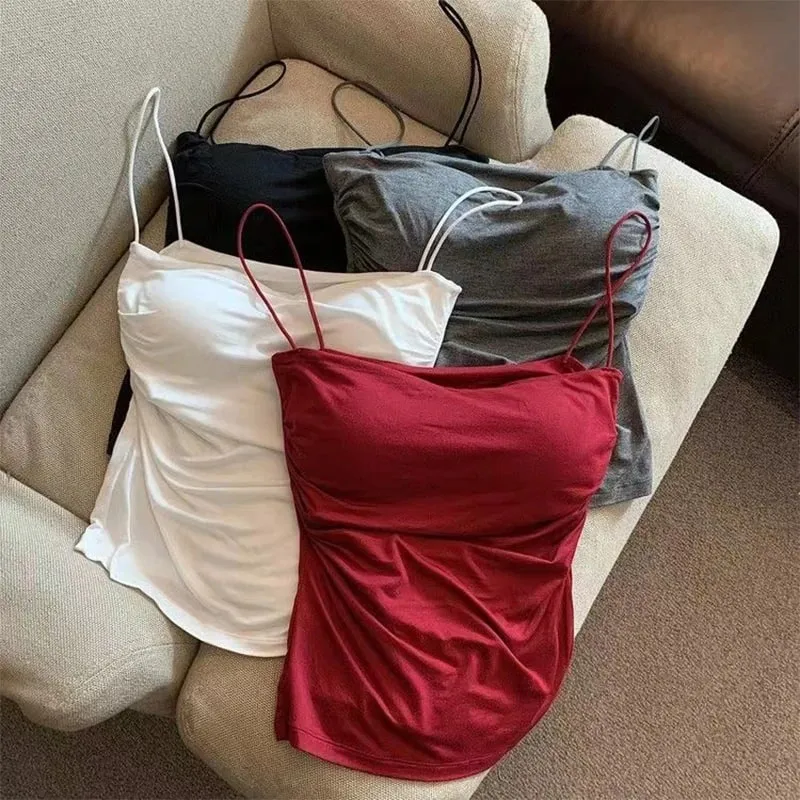 Sexy Solid Pleated Tank Camisole Women's Summer Spaghetti Strap Sleeveless Tops — image 2