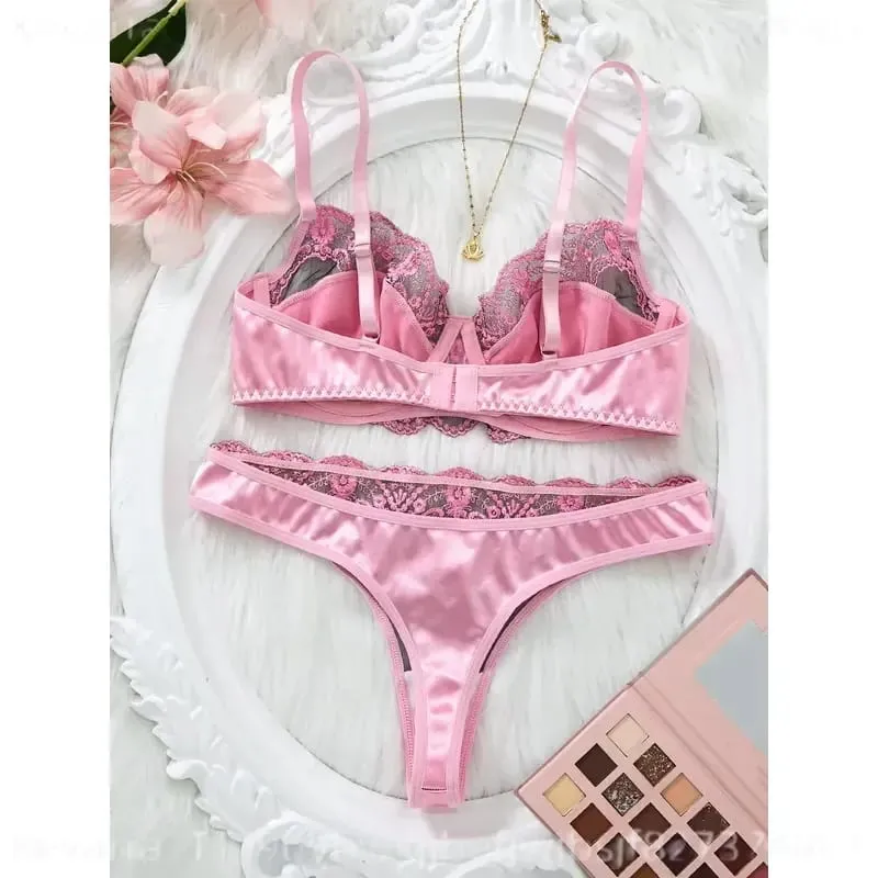 Women Romantic Pink Lace Lingerie Set Padded Balconette Bra Sheer Thong Satin Trim Date Night Valentine Underwear