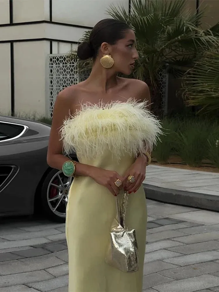 Gaun Maxi Pinggiran Satin Kuning Wanita Elegan Tanpa Tali Pinggang Tanpa Lengan Gaun Panjang Dibungkus 2025 Jubah Wanita Percutian Musim Panas Baru — image 6