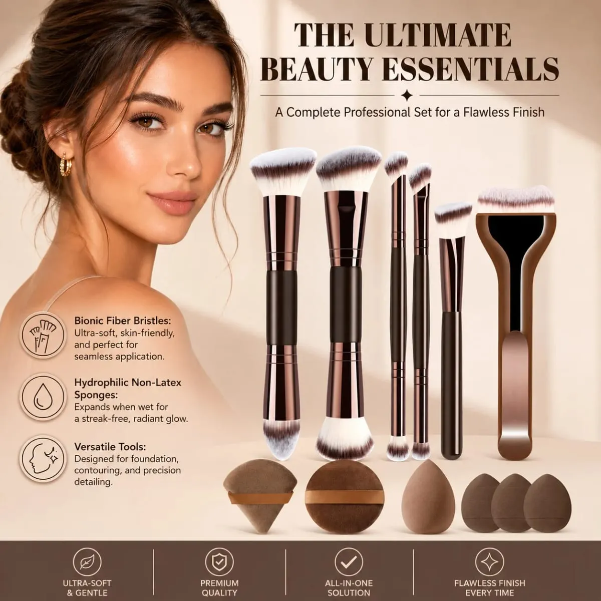 12-teiliges Make-up-Pinsel-Set mit 6 flachen und runden Pinseln und 6 Schwämmen für Foundation, Puder, Rouge und Lidschatten — image 4