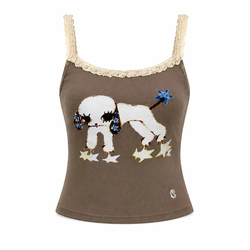 Women Lace Trim Camisole Top Cute Dog Embroidery Tank Top Y2K Slim Fit Crop Vest Vintage Sweet Fashion — image 9