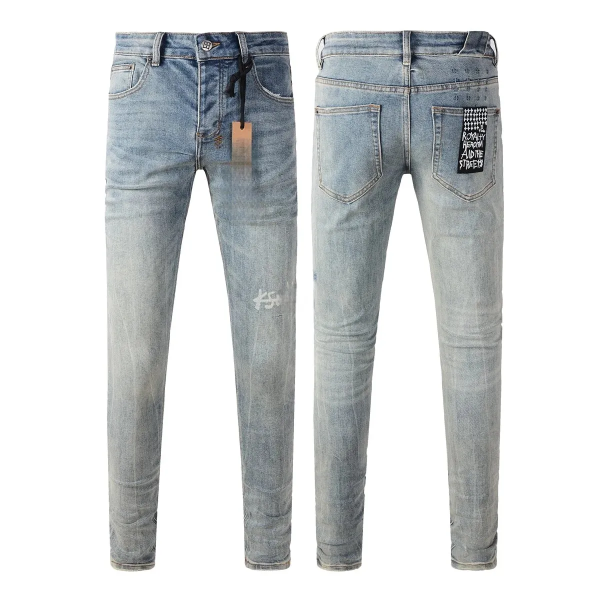 Men's High Street Light Blue Washed Distressed Denim Jeans With Embroidered Letter Motif Button Fly Suitable For All‑Season Wear