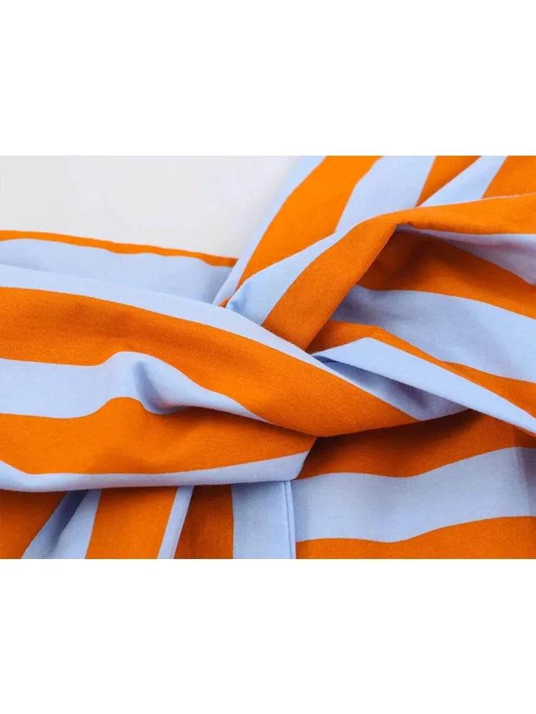 Fashion Women Stripes Print Sling Dress na walang manggas na Bow Front Loose Fit Backless Long Dresses Chic Lady Holiday Robe — image 4