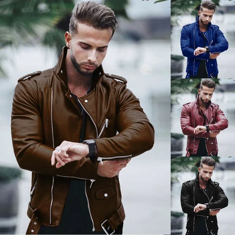 Fashion Leather Jackets Men Casual Slim Fit Turn Down Collar Male Jacket Men PU Leather Coat Men Autumn Winter Motorcycle Jacket — image 4