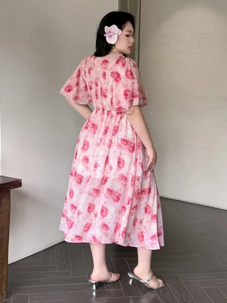 Plus-Size Spring/Summer Romantic Print Fitted Ruffled-Sleeve Slit Maxi Dress—Sweet Everyday Style Perfect for Dates — image 3
