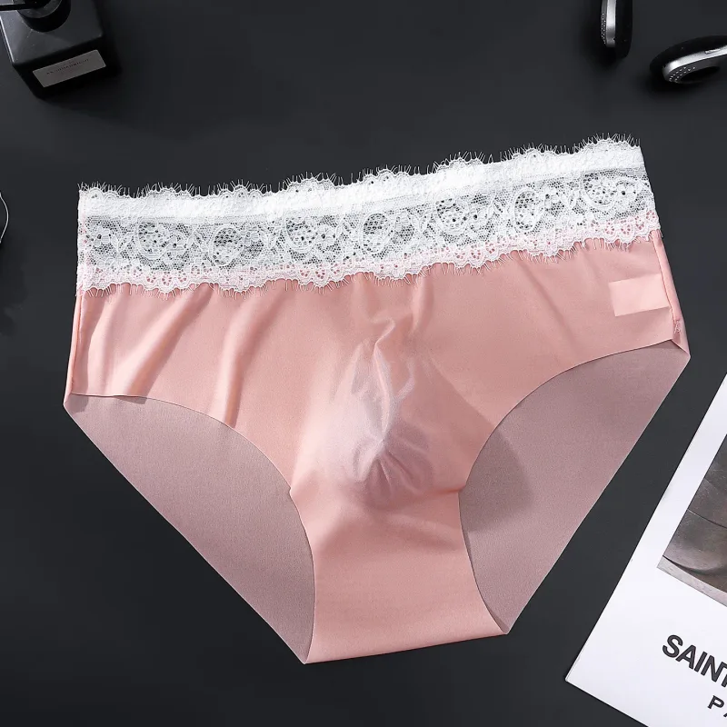 Calças triangulares masculinas de seda gelo com borda de renda, roupa íntima fina respirável sem rastros, cintura baixa, macia, sem costura, conforto masculino — image 17