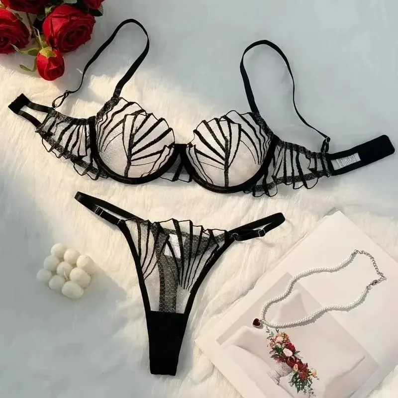New Women's Bra Set Sexy Lace Mesh Lingerie Set Ultra Thin Breathable Comfortable Lightweight Scallop Transparent Lingerie Set — image 3