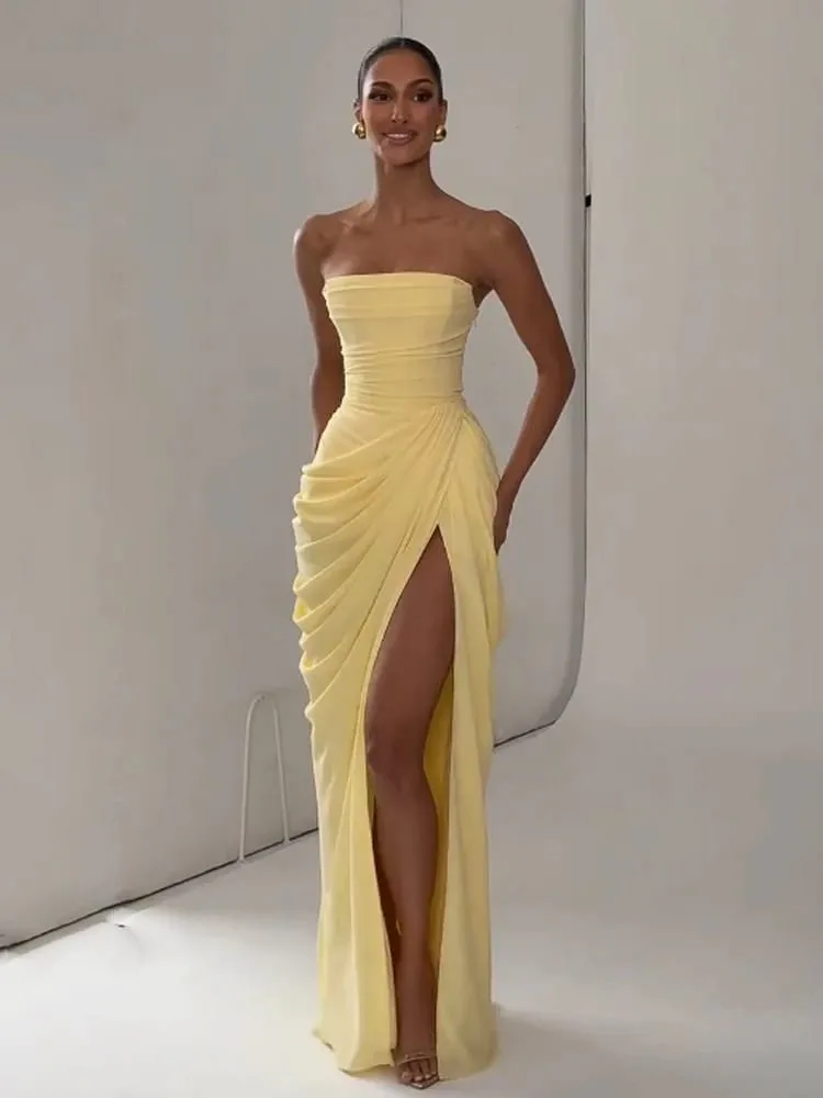 Dámské sexy jednobarevné plisované šaty dámské elegantní bez ramínek, bez ramínek, s vysokým pasem, rozděleným šatem 2026 letní večerní společenské šaty — image 2