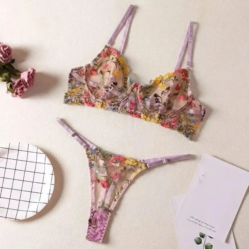 2-Piece Bohemia Floral Lingerie Set Embroidery Sheer Underwear Intimates Underwire Push-up Versatile Bra Panty Set For Lady Girl — image 4