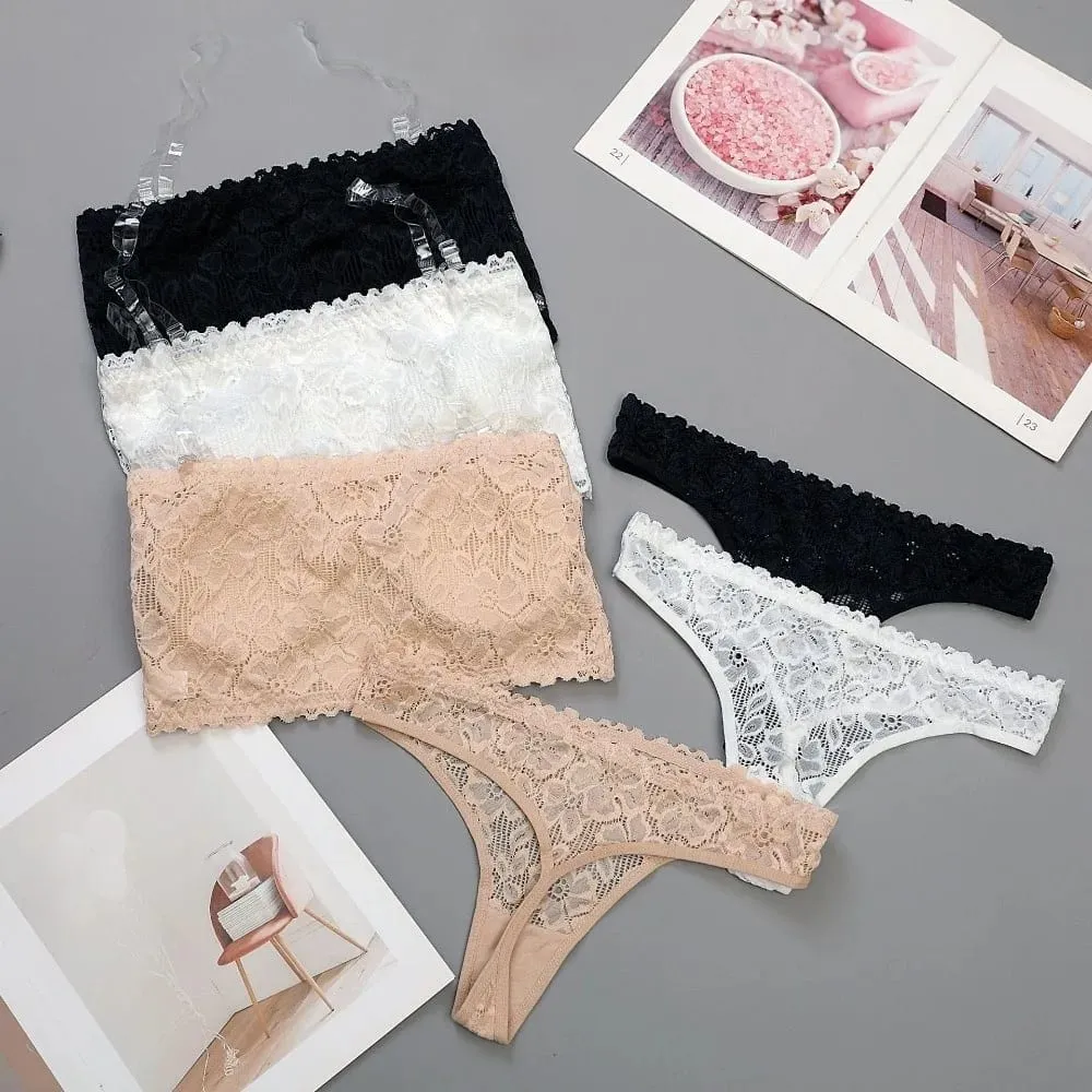 Lace Sheer Flower Thong Bra Set Invisible Straps Embroidery Floral Panties Bra Kit Lingerie Hollow Underwear for Women Ladies — image 4
