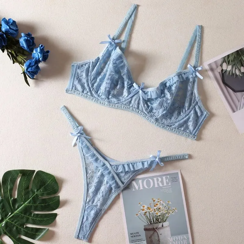 Romantikong Underwear Embroidery Magagandang Lace Bra at Thong Bow Sexy Backless Lingerie Suit na may Steel Rim Pambabaeng Brief Outfits