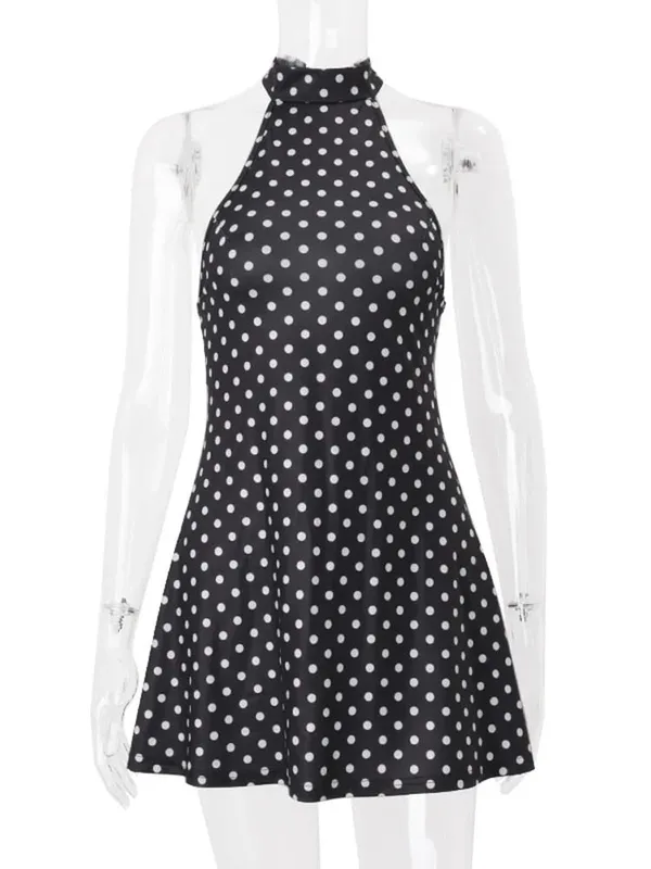 Chic Backless Polka Dot Halter Dress Women's Sleeveless Off Shoulder Lace Up Mini Vestidos 2026 Summer Lady Holiday Party Robe — image 7