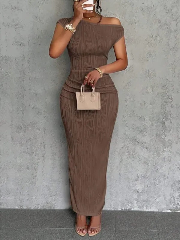 Módní vlnité šaty se šikmými rameny Dámské elegantní a jednoduché jednobarevné límec do áčka Mid pasem Sexy zavinovací sukně
