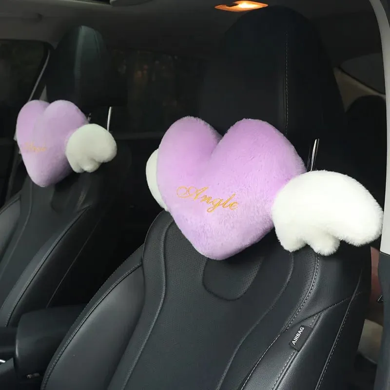 28x58cm 2Pcs Cute Heart‑Shaped Car Headrest Pillow With Angel Wings Soft Plush Auto Neck Support Cushion Car Seat Head Pillow — image 12