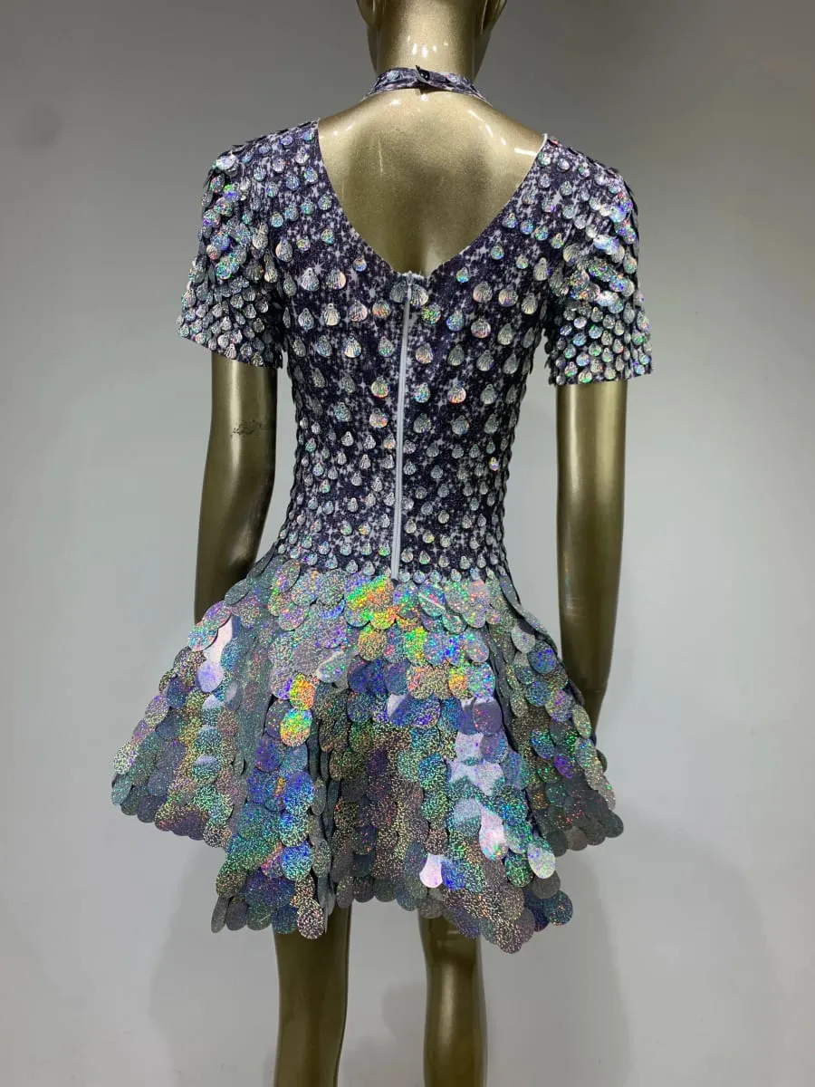 Estate donna moda mezzo collo alto manica corta sirena lucida paillettes mini abito club abito discoteca costume da spettacolo teatrale — image 7