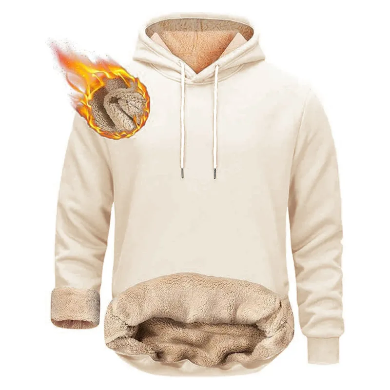 Winter Men's Warm Hoodies Sports Thick Sweatshirts Windproof Thermal Casual Solid Color Loose Long Sleeve Pullover Streetwear — image 2